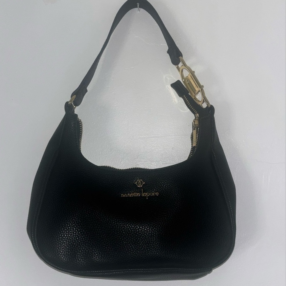 Nanette Lepore Black Leather Shoulder Bag with Gold Details